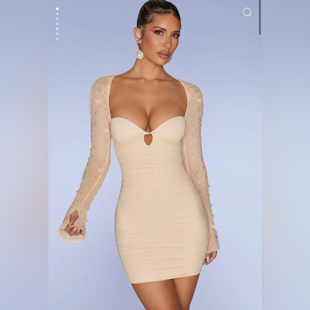 Embellished Long Sleeve Mini Dress in Sand